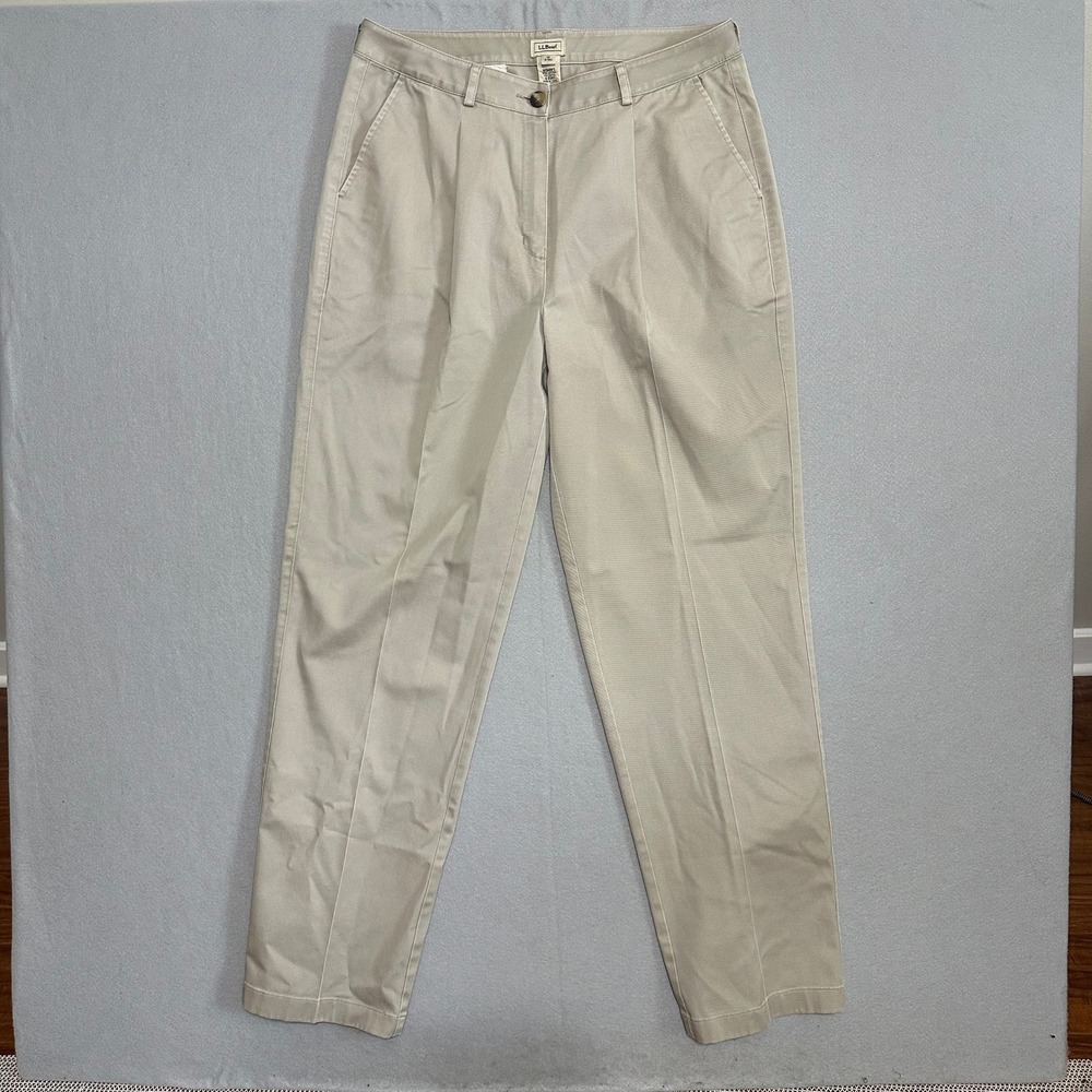 LL Bean Womens Khaki Chino Pants Pleated Front Straight Leg Beige 12 Tall